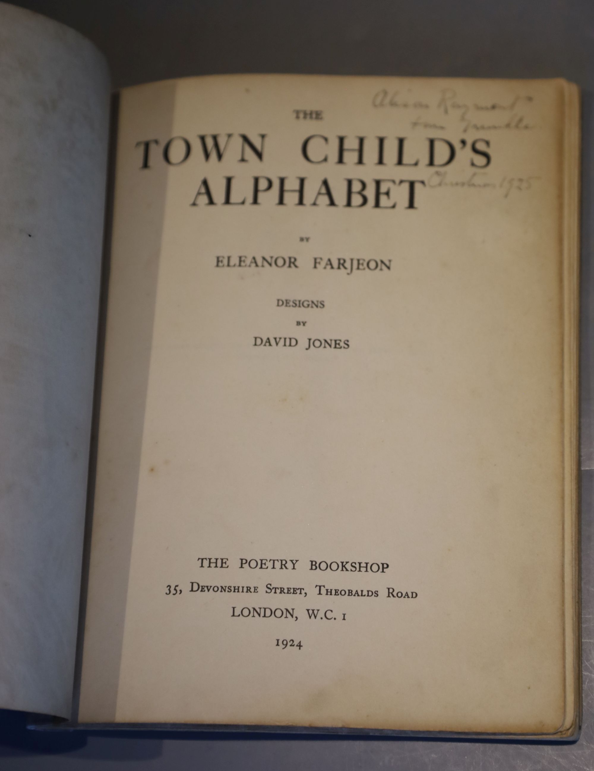 Farjeon, Eleanor - The Town Childs Alphabet, cover design and twenty-six full page illustrations by David Jones, 8vo, pictorial paper